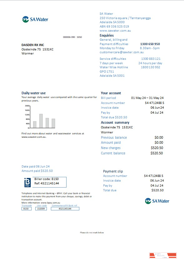 Netherlands SA water business utility bill Word and PDF template PSD template